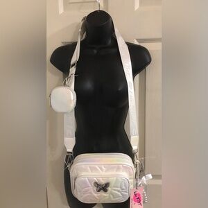 Betsey Johnson white silver iridescent butterfly print quilted crossbody bag new